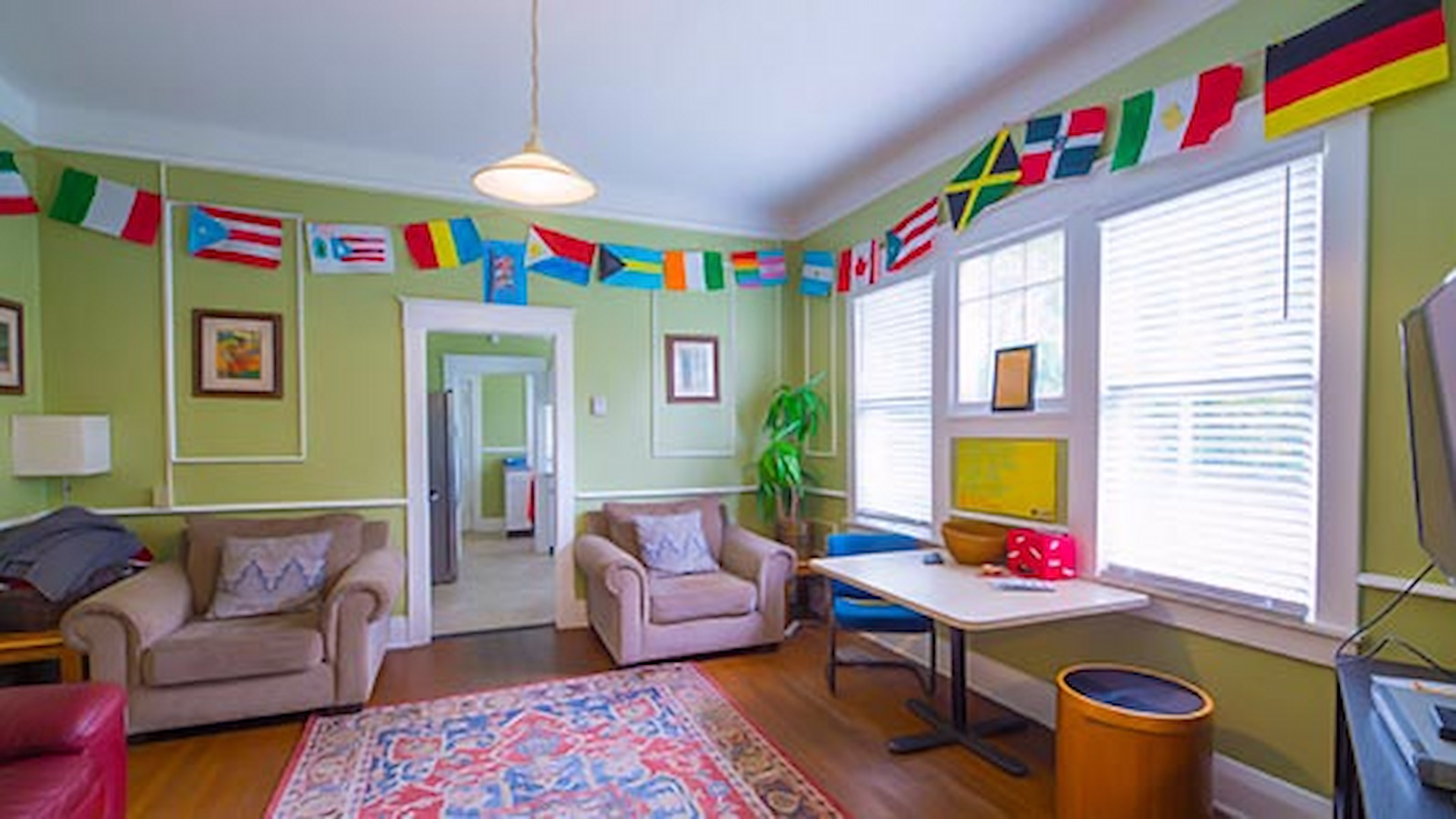 Seating area with flags from different countries