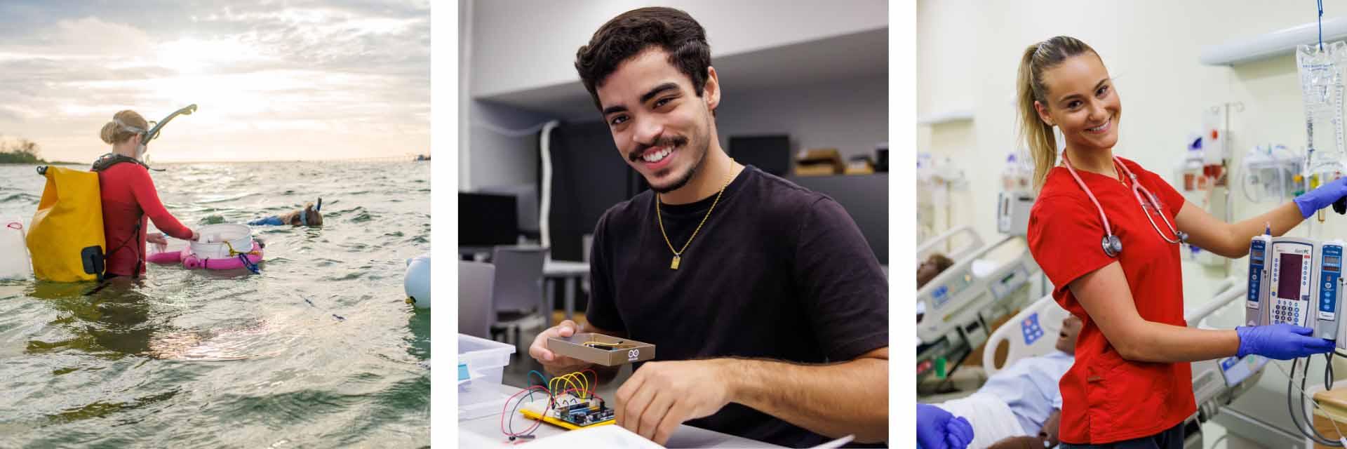 students working in various fields, including marine, circuitry, and medical